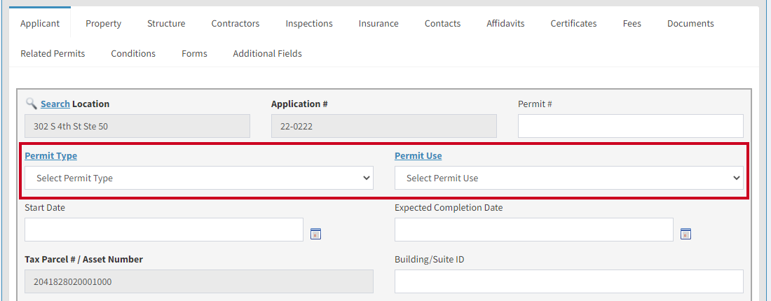 Permit Type and Permit Use fields.
