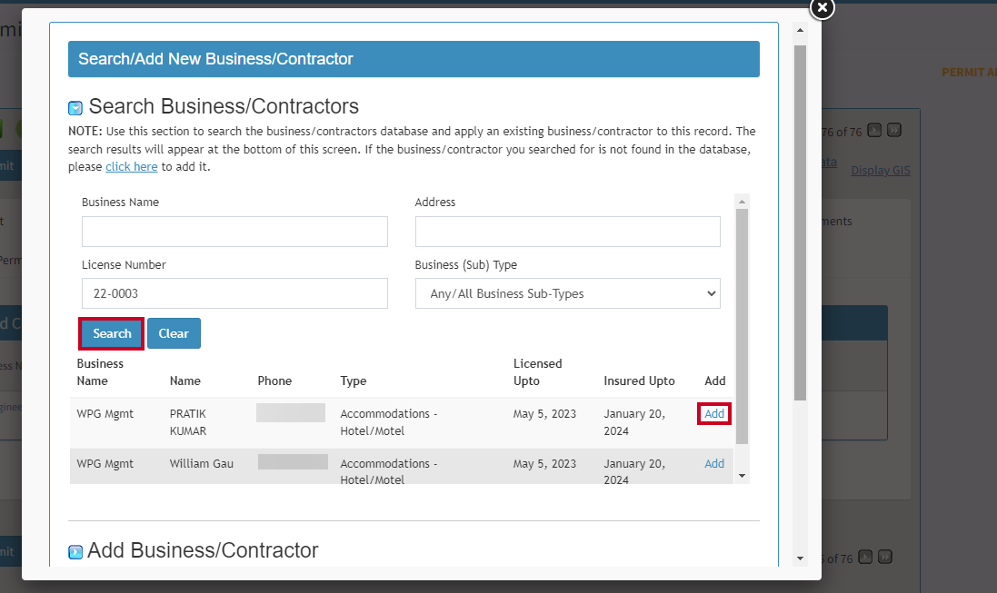 search and add contractor