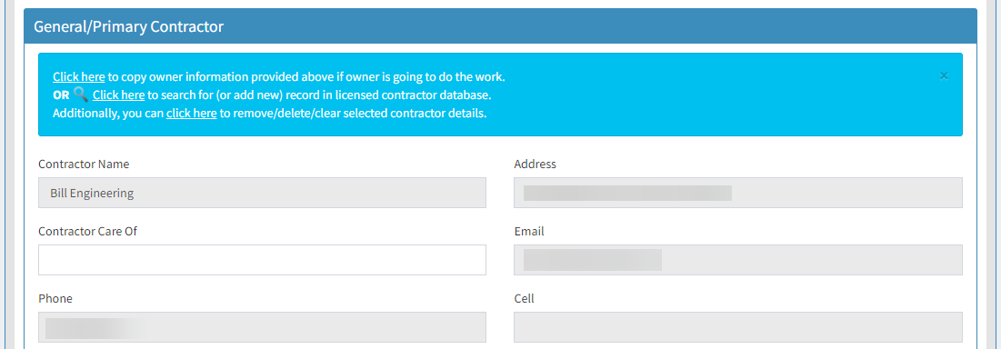 General/Primary Contractor fields.