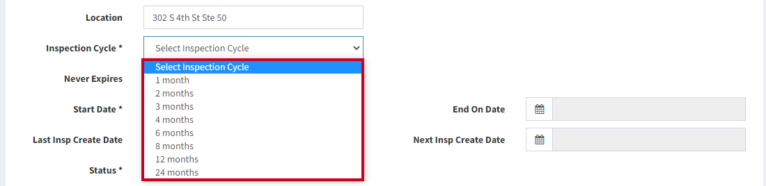 The drop down to the right of the Inspection Cycle text.