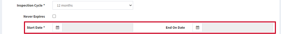 The Start Date and End On Date fields.