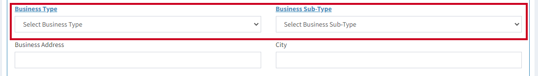 Business type and sub-type fields.