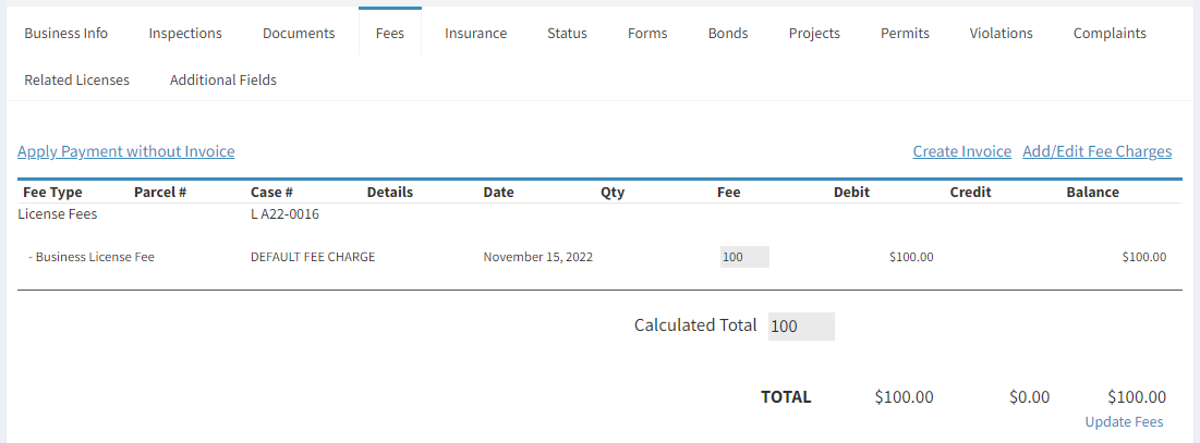 Fees tab.