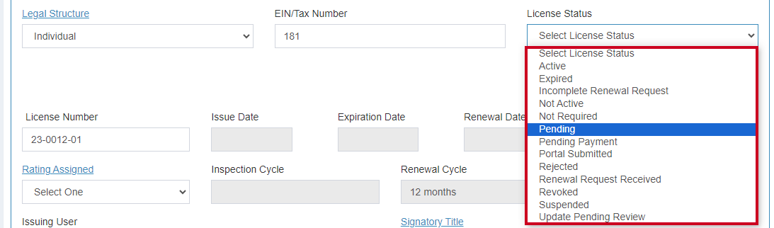 License status drop-down field.