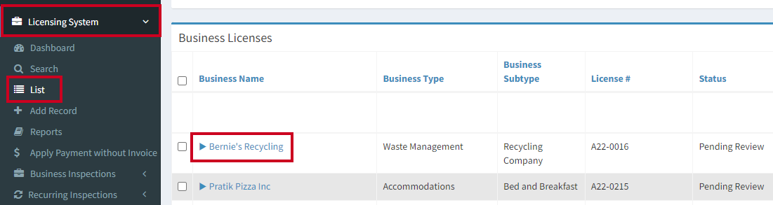 Record selected under Licensing System List.