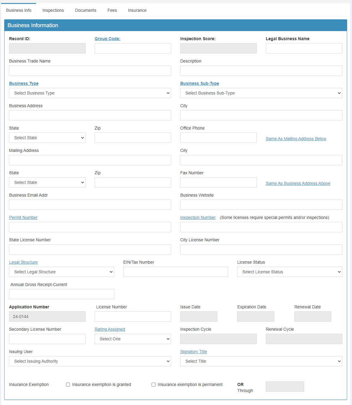 Business information fields.