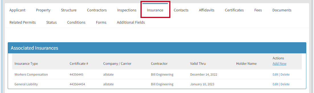 Insurance tab.