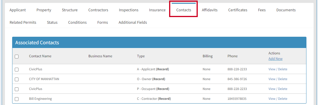 Contacts tab.