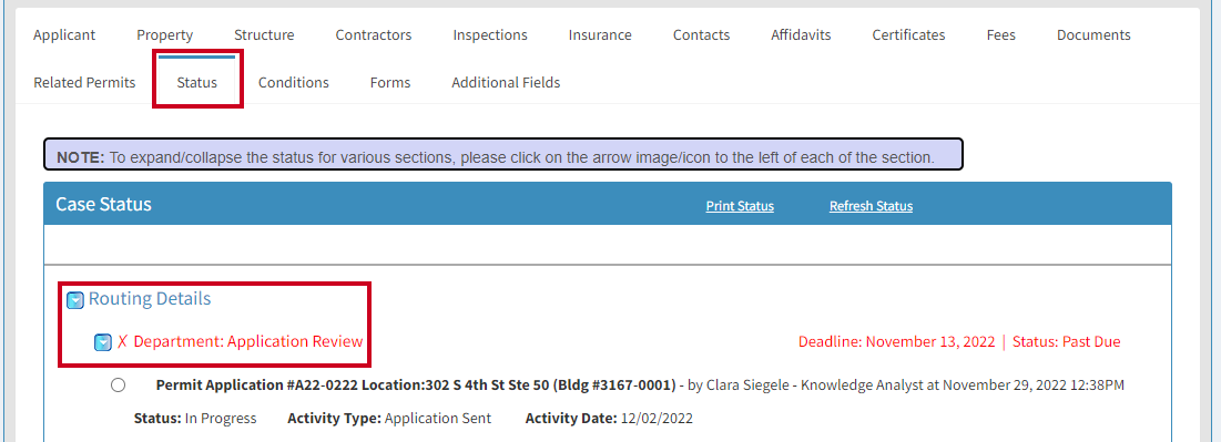Status routing details.