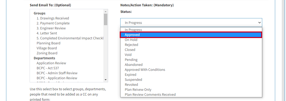 Approved selected in Status in drop-down.