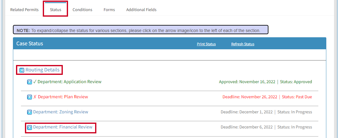 Financial review selected under the Routing Details section on the Status tab.