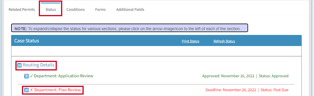 Plan Review selected under Routing Details on the Status tab.