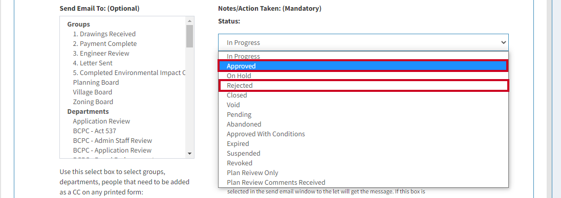Status drop-down.