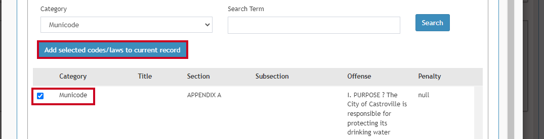add selected codes/laws to current record button.