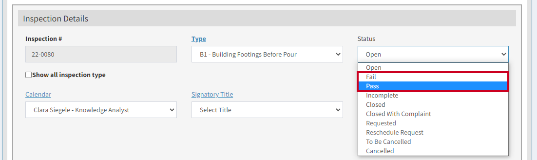 inspection status drop-down.