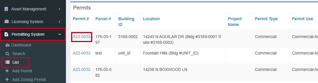 Record selected under the Permitting System List menu.