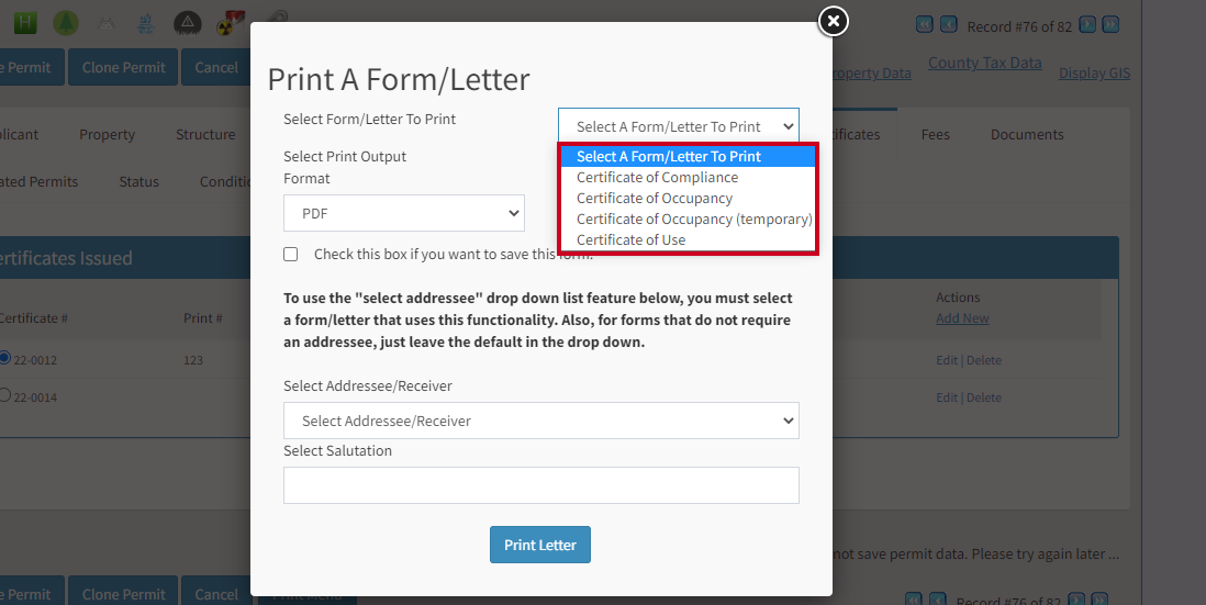 Certificate options to print.