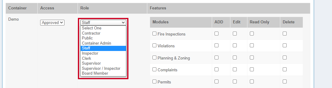 The Role dropdown list.