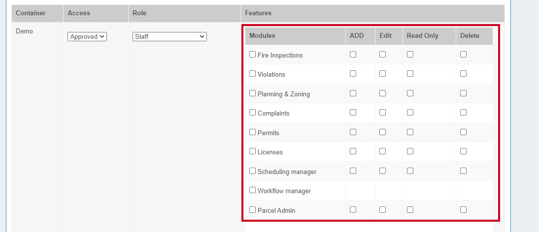 The Module features section with multiple checkbox options.