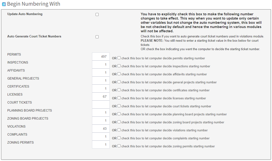 begin numbering with