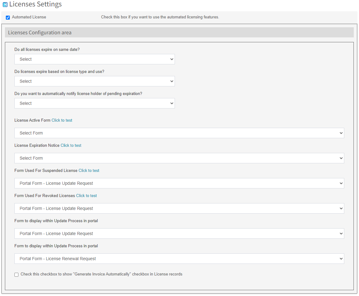 licenses settings