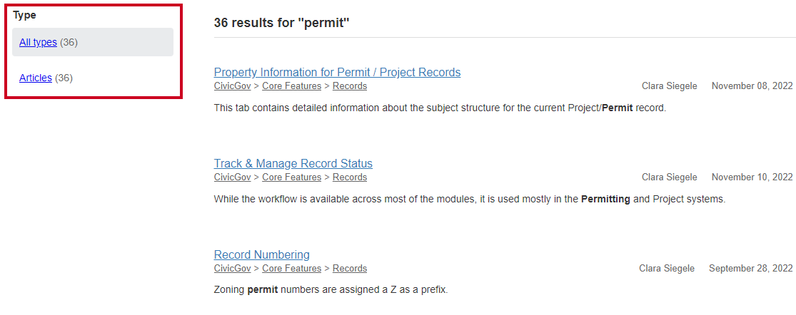 The type filters on the left-hand side of the page, to the left of the search results.