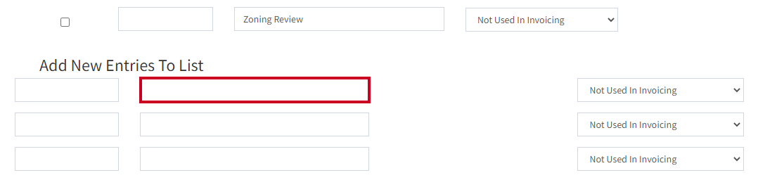 Add New Entries To List section is shown. It contains rows of blank input fields for new entries. The second input field in the first row is highlighted.
