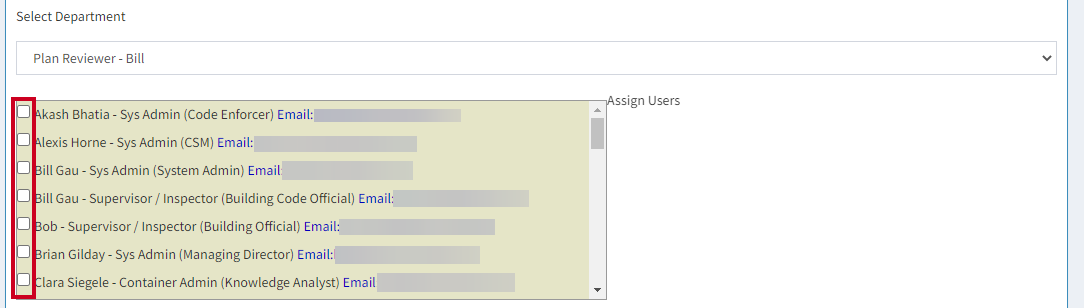 Select Department field shows Plan Reviewer - Bill. Below this, an Assign Users section displays a list of users. The checkboxes next to the user names are highlighted.