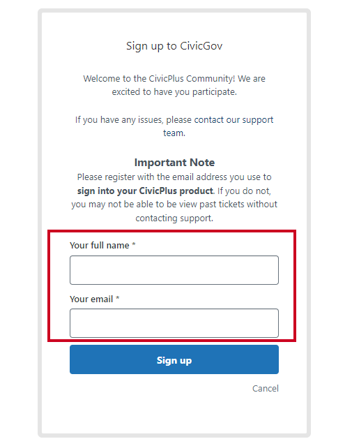 full name and email fields.