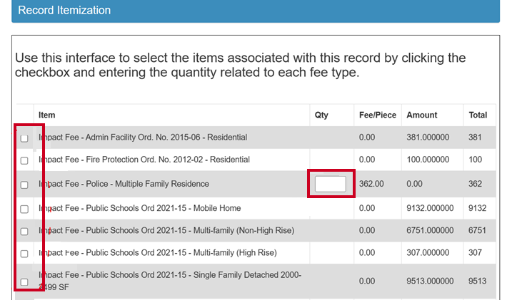 impact fee checkboxes.