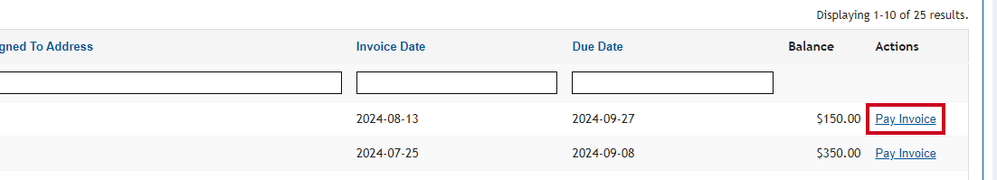 Pay Invoice link under Actions column.