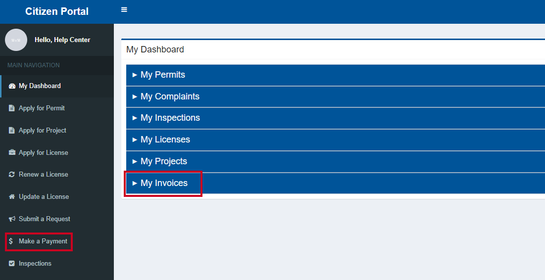 Make payment option in left sidemenu and My Invoices section in list.