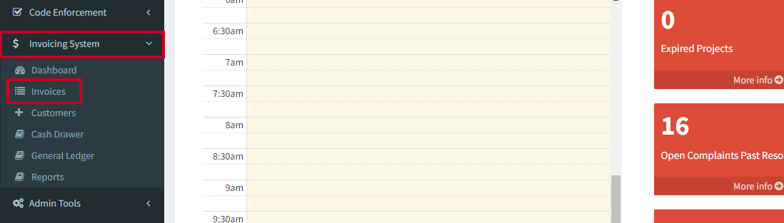 Invoicing system option in left menu with Invoices selected.