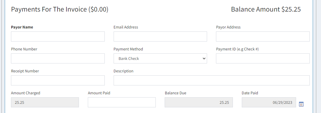payments for the invoice fields.