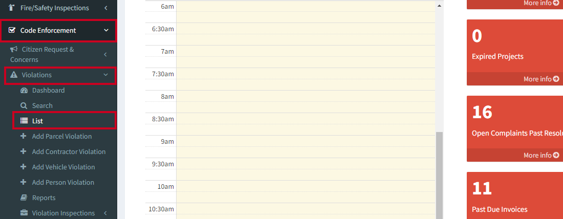 The expandable menu labeled Code Enforcement, then the menu labeled Violations, and the option labeled List.