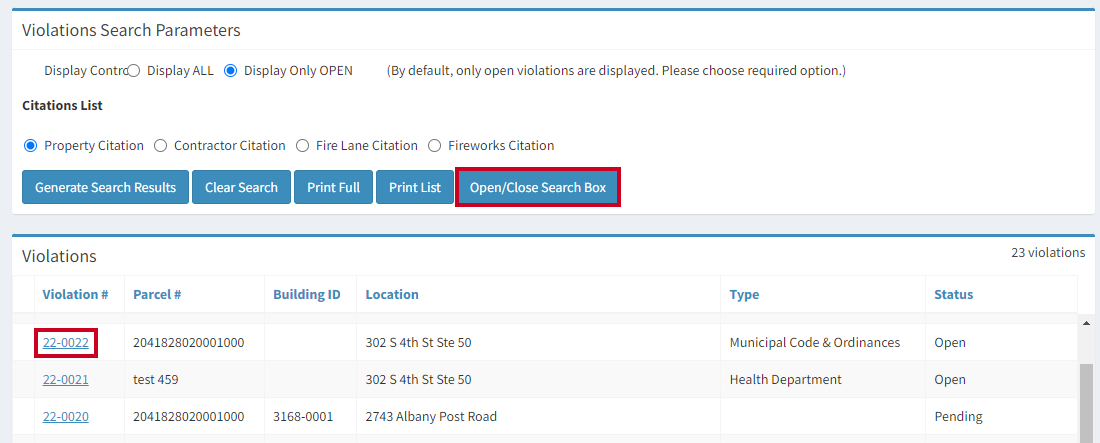 The Open / Closed Search Box button, and the URL that is a number in the column labeled Violation number sign.