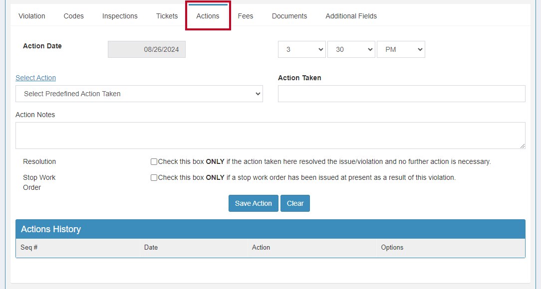The tab labeled Actions.