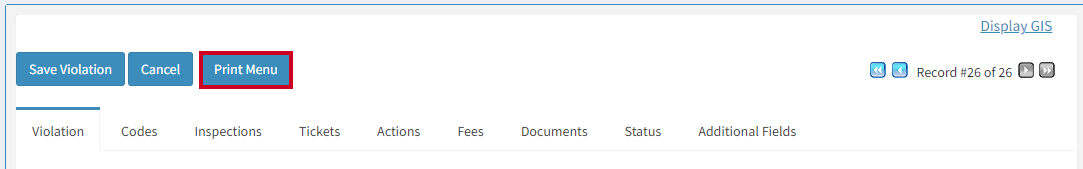 The button labeled Print Menu to the right of the Save Violation and Cancel buttons.