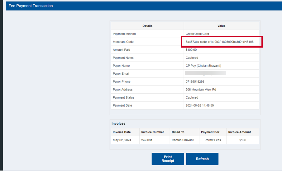 Merchant code on invoice.