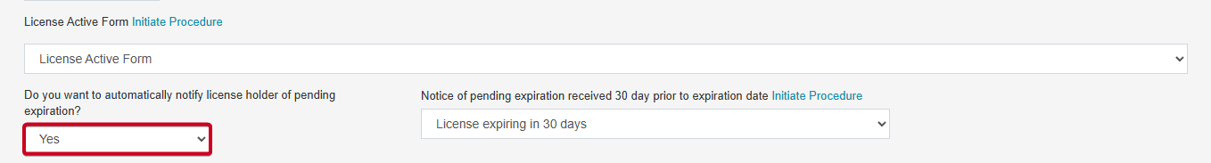 The drop down menu labeled Do you want to automatically notify license holder of pending expiration.