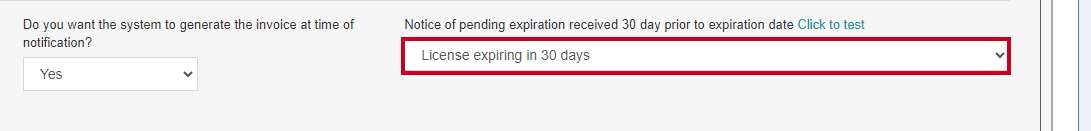 The drop down menu labeled Notice of pending expiration received 30 day prior to expiration date.