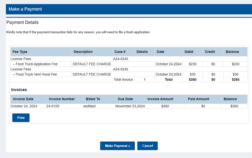 An example image of the Make a Payment details and tables.
