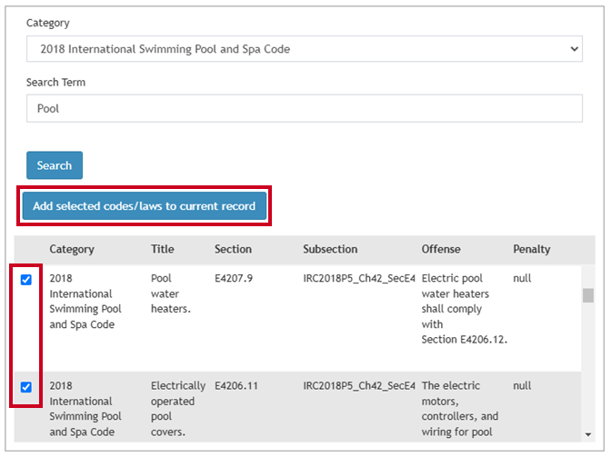 The button labeled Add selected codes / laws to current record, and the checkbox fields to the left of the Category column.
