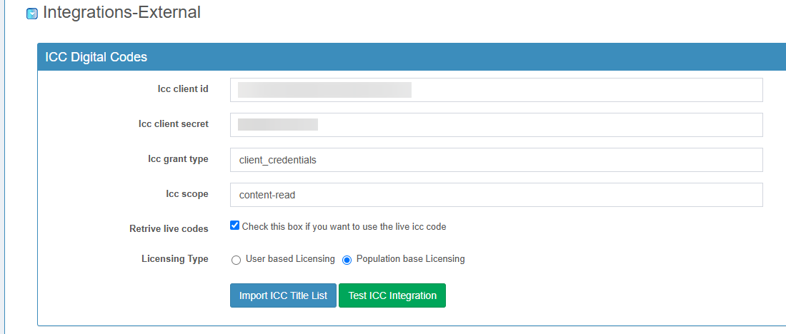 The text entry fields and toggle able fields under the I C C Digital Codes header.
