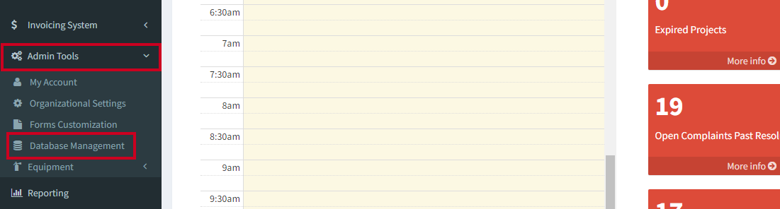 Admin Tools menu with Database management selected.