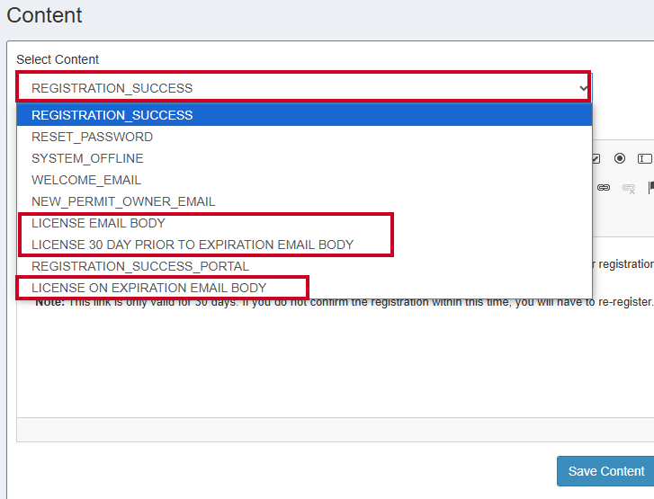 An example image of the email bodies in the Select Content drop down menu.