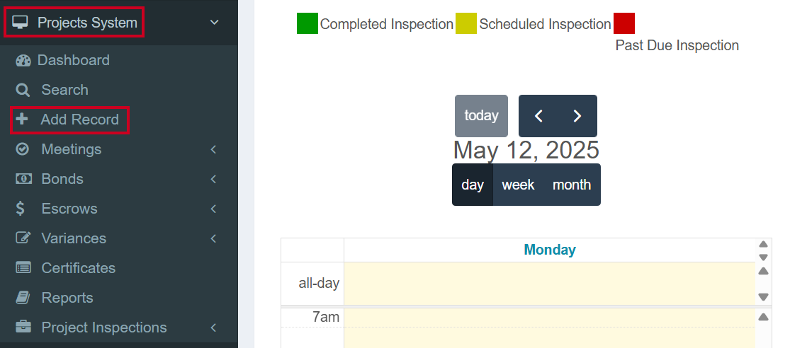 Project System and Add Record are both highlighted to show the option for starting a new entry.