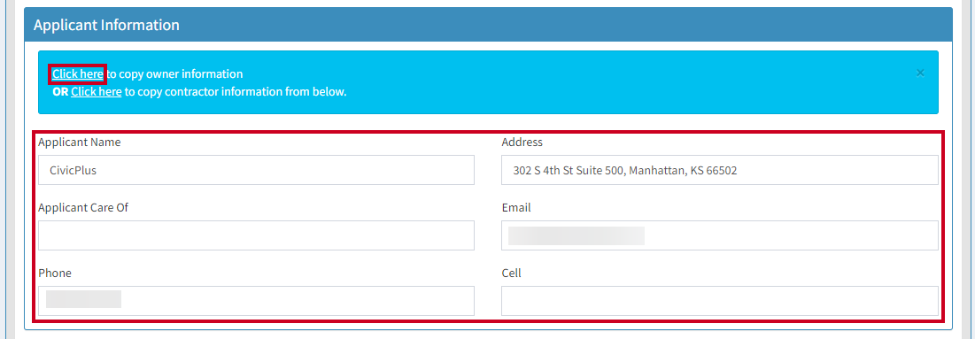 The Applicant Information screen shows text fields to fill in. All of the text fields and the Click Here link to copy owner information are highlighted in red.