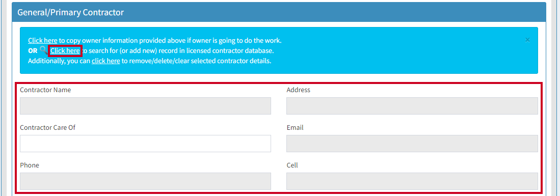 The Contractor Information screen shows text fields to fill in. All of the text fields and the Click Here link to choose a contractor from the licensing system are highlighted.