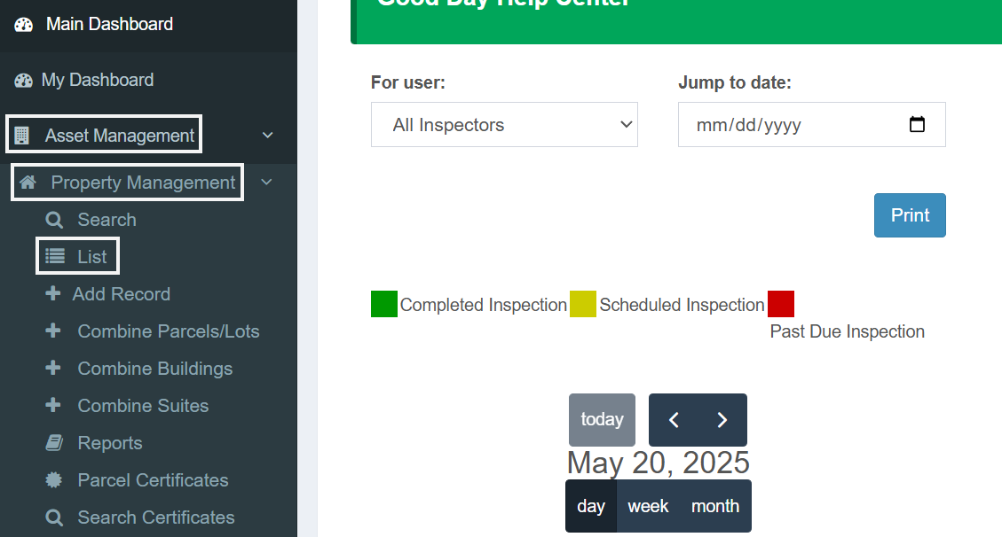 The asset management, property management, and list options are all selected in the left hand menu.